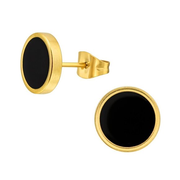 14k Gold Plated Stainless Steel Round Black Studs 10mm - Picture 1 of 11
